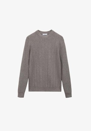 Grauer Strickpullover mit gerippter Textur, Rundhalsausschnitt und langen Ärmeln. Hat eine taillierte Passform und Bündchen. Weiches Material.