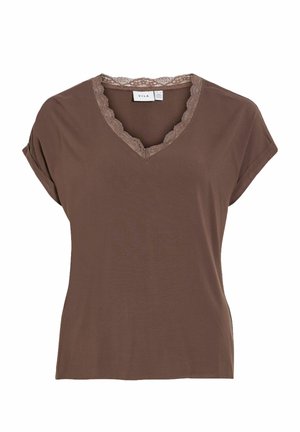 VILA, SHORT SLEEVED TOP VIGENIA V-NECK - Trükipildiga T-särk - fondue fudge