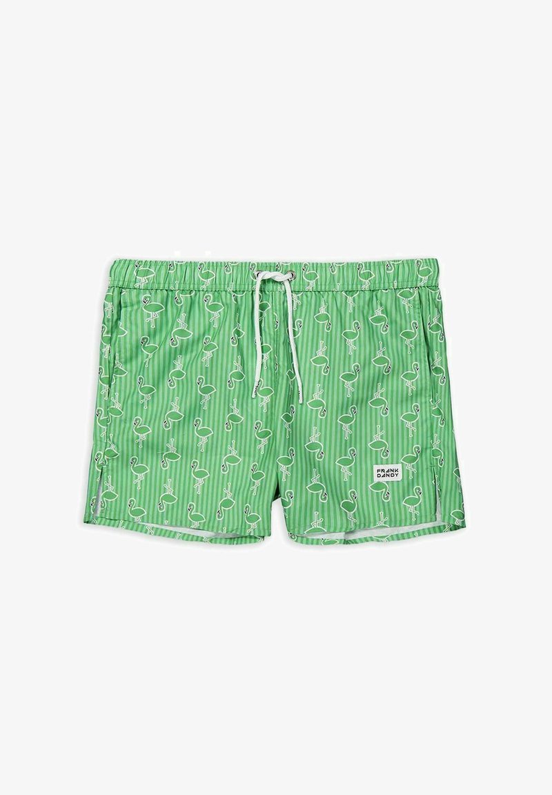 Groene zwembroek met een wit flamingo-patroon en verticale strepen, met een trekkoord in de taille en een merklabel aan de voorkant.