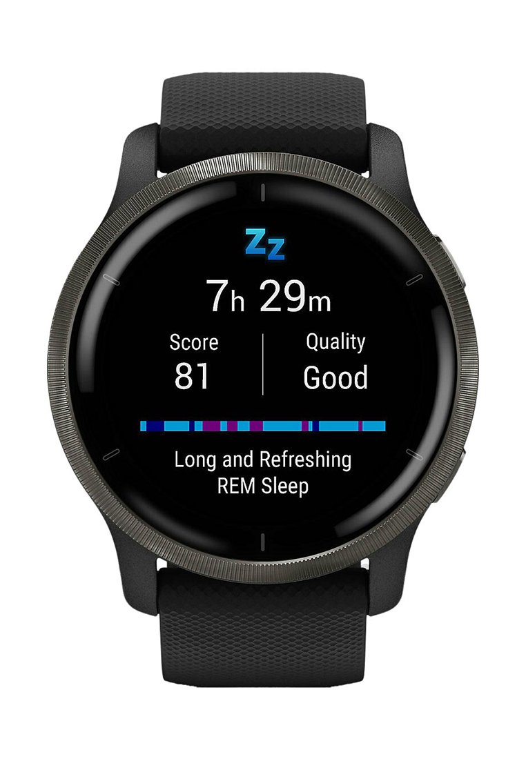 Runde schwarze Smartwatch mit einem strukturierten schwarzen Armband. Das Display zeigt Schlafdaten an, einschließlich Dauer, Punktzahl und Qualitätsindikatoren.