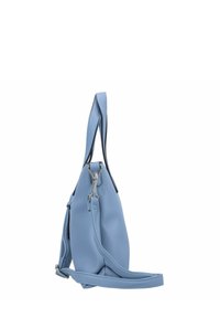 Borsa sintetica blu con forma strutturata, tracolla regolabile, minuteria in argento e texture liscia. Presenta bordi black a contrasto.