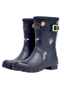 Une paire de bottes de pluie en caoutchouc noires avec des motifs floraux et d'abeilles, présentant une boucle latérale et un logo de marque sur le haut de la tige.