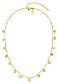 Goldkette mit einer Reihe von strukturierten runden Anhängern, mit einem Karabinerverschluss und verstellbarer Länge für Vielseitigkeit.