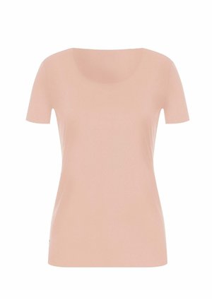 Kortärmad t-shirt i ljus persika, med rund halsringning och mjukt, stretchat tyg, lämplig för vardagsbruk.