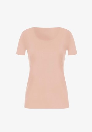 Kortärmad t-shirt i ljus persika, med rund halsringning och mjukt, stretchat tyg, lämplig för vardagsbruk.