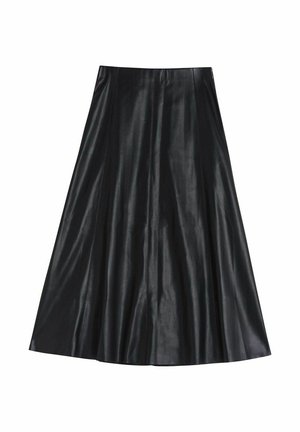 Jupe midi en cuir noir avec une forme évasée, présentant une texture lisse et un design plissé pour plus de volume. Aucun matériel ou accent visible.