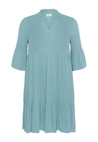 Light blue, knee-length dress made of soft fabric. Features a frilled neckline and flared sleeves. Flared bottom with tiered design.