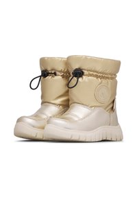 Stivali sintetici dorati con parte superiore imbottita, chiusura con cordino e suola in gomma testurizzata. Presenta un dettaglio con logo sul lato.