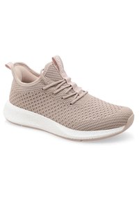 Pantofii sport de culoare roz pal, cu un superior din tricot respirabil, vârf rotund, șireturi plate și o talpă intermediară albă texturată. Au un bandou de prindere la spate.