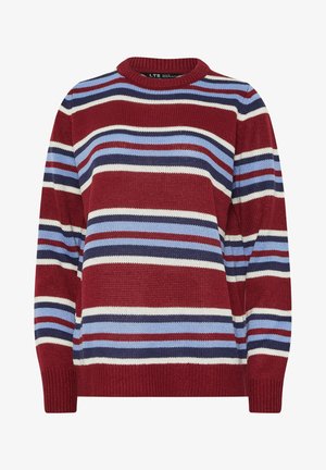 Sweter na drutach z okrągłym dekoltem, ozdobiony szerokimi pasami w kolorach bordowym, jasnoniebieskim, granatowym i kremowym. Żebrowane mankiety i dół dodają faktury.