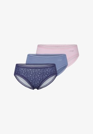 Trois paires de culottes pour femmes en bleu marine, bleu clair et rose. La paire bleu marine présente un design à motifs avec des accents en dentelle.