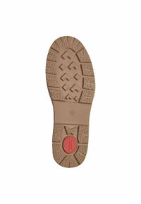 Braune Gummisohle mit Grip-Mustern, einschließlich multidirektionaler Profilierung und einem zentralen roten Akzent. Größe angegeben als 37.
