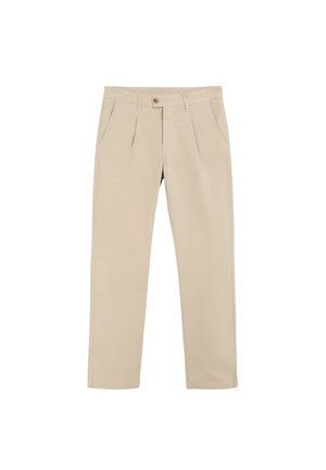Beige trousers made of cotton with a straight fit, featuring front pleats, side pockets, and a button closure at the waistband.