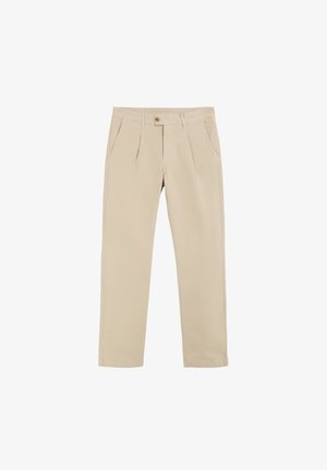 Beige Baumwollhose mit geradem Schnitt, vorne mit Bügelfalten, seitlichen Taschen und einem Knopfverschluss am Bund.