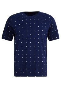 Navy blue t-shirt made of cotton, featuring a geometric pattern of small white squares and dots, short sleeves, and a crew neckline.
