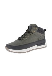 Zapatos mid-top para hombre en cuero y tela verde oscuro, con detalles en gris, cordones en la parte delantera y una suela de goma con detalles en blanco y gris.