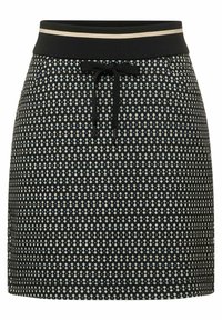 Svart mönstrad kjol med dragsko i midjan, geometrisk design med blå och beige detaljer, samt en medellång, figurnära silhuett.