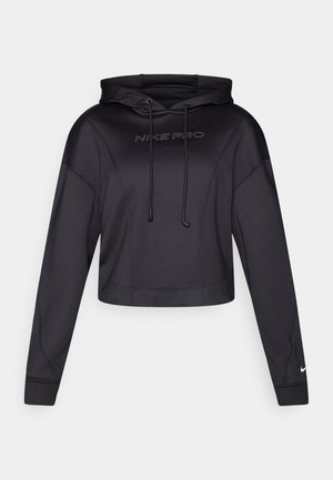 Black cropped hoodie made of smooth, stretchy fabric. Features a drawstring hood, large logo on chest, and long sleeves with ribbed cuffs.