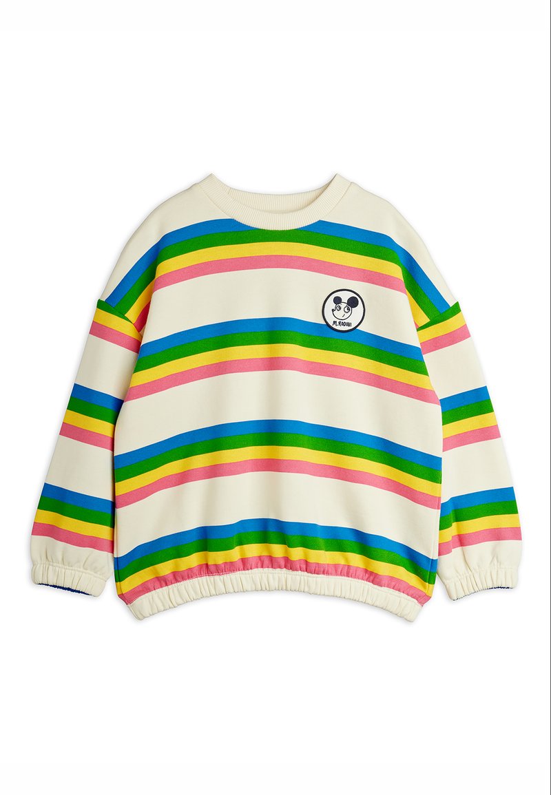 Κρεμ φούτερ με οριζόντιες ρίγες ουράνιου τόξου σε μπλε, πράσινο, κίτρινο και ροζ, με ένα μικρό κυκλικό έμβλημα με καρτούν πρόσωπο.