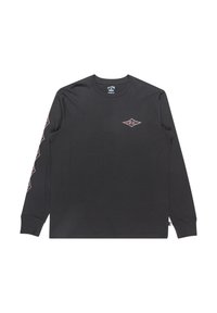 Schwarzes Langarm-T-Shirt aus Baumwolle mit Rundhalsausschnitt. Verfügt über ein kleines Logo und ein wiederholtes Diamantmuster in Pink auf dem linken Ärmel.