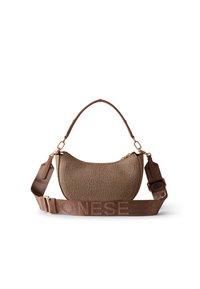 Brown textured handbag with a curved shape, featuring a short handle and a detachable shoulder strap marked with "ONESSE." Gold hardware accents.