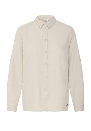 Long-sleeve beige button-up shirt with collar and roll-up sleeve tabs, plain design, front buttons, and small brand tag near hem.