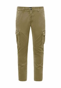 Olive green spodnie cargo wykonane z bawełny, z kieszeniami bocznymi, z zapięciem na guzik i zwężającymi się nogawkami o minimalnej teksturze.
