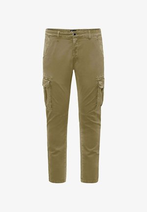 Olivgrüne Cargo-Hosen aus Baumwolle, ausgestattet mit Seitentaschen, einem Knopfverschluss und schmal zulaufenden Beinen mit minimaler Textur.