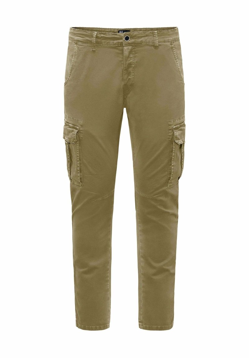 Olive green spodnie cargo wykonane z bawełny, z kieszeniami bocznymi, z zapięciem na guzik i zwężającymi się nogawkami o minimalnej teksturze.