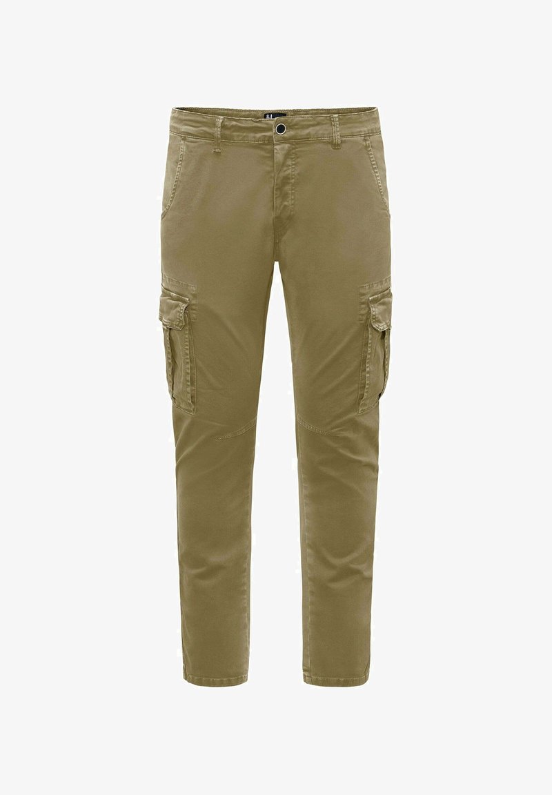 Olive green spodnie cargo wykonane z bawełny, z kieszeniami bocznymi, z zapięciem na guzik i zwężającymi się nogawkami o minimalnej teksturze.