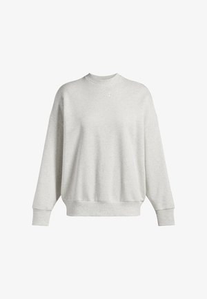 Svetlo sivi pulover iz mešanice mehkega bombaža, z okroglim izrezom, spuščeni rameni, rebrastimi manšetami in majhnim logotipom na prsih.