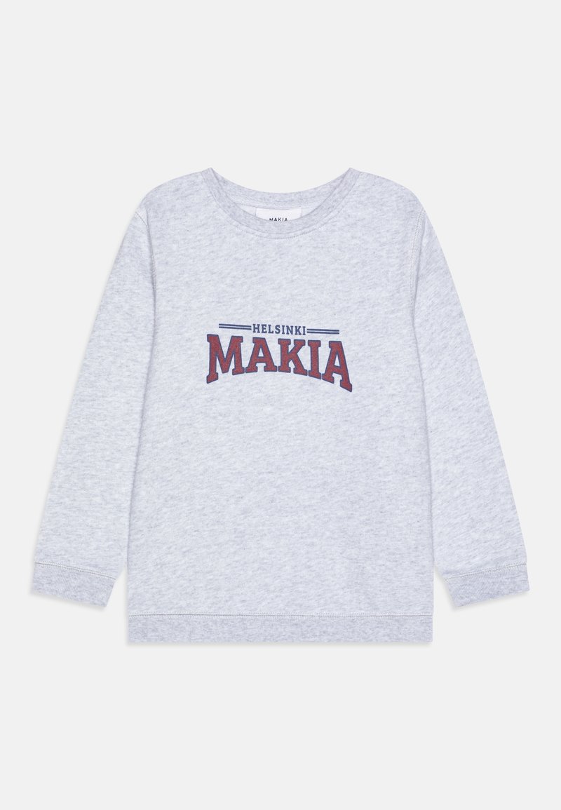 Sweat-shirt gris clair à manches longues avec col rond et "Helsinki Makia" imprimé en rouge et bleu au centre devant.
