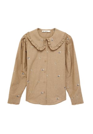 Beige long-sleeve blouse with thin vertical stripes, small floral prints, ruffled Peter Pan collar, and button-down front.