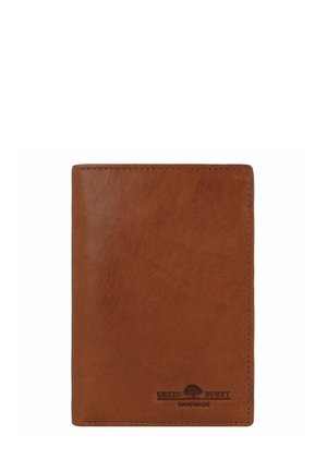 Braune Leder Geldbörse mit glatter Textur, rechteckiger Form, sichtbaren Stichen und geprägtem Logo an der Unterseite. Handgefertigtes Design.