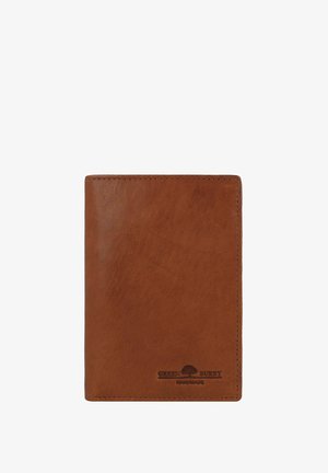 Braune Leder Geldbörse mit glatter Textur, rechteckiger Form, sichtbaren Stichen und geprägtem Logo an der Unterseite. Handgefertigtes Design.