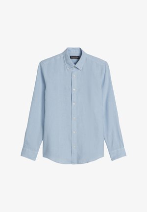Chemise bleu clair à manches longues avec boutons, col boutonné et boutons blancs, présentée sur fond blanc.