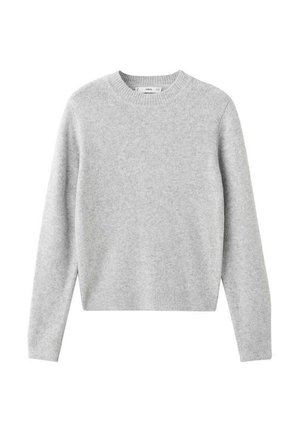 Ljust grå långärmad crewneck-tröja med ribbade ärmslut, nederkant och halsringning, tillverkad av mjukt stickat tyg.