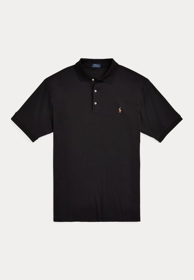 Schwarzes kurzärmliges Polohemd mit Kragen, drei weißen Knöpfen und kleinem besticktem Logo auf der linken Brust.