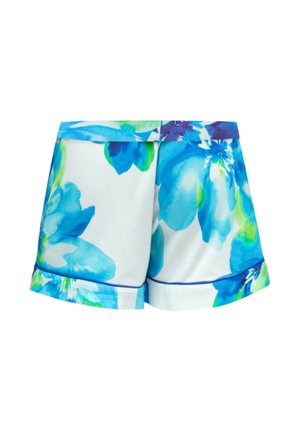Pantalones cortos para mujer con estampado floral en acuarela azul y verde sobre tela blanca, con dobladillo y cinturilla doblados.