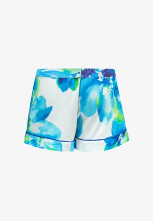 Shorts pour femmes avec imprimé floral aquarelle bleu et vert sur tissu blanc, avec un ourlet et une ceinture pliés.