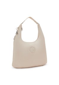 Beige læder hobo taske med en afslappet form, prægede logo detaljer, aftageligt sølvhardware og en enkelt skulderrem.