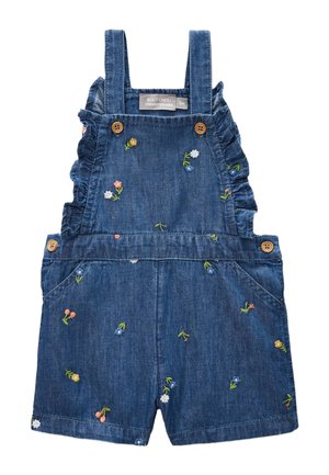 Salopette en denim pour bébé avec jambes courtes, broderie florale, bretelles volantées sur les côtés, et boutons en bois, taille 6 mois.