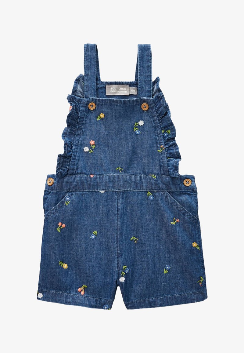 Salopette en denim pour bébé avec jambes courtes, broderie florale, bretelles volantées sur les côtés, et boutons en bois, taille 6 mois.