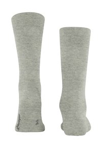 Grijze katoenen sokken met ronde boord, gladde textuur, geribbelde manchet en fijn gemêleerd patroon. Het merkembleem is zichtbaar aan de zijkant.