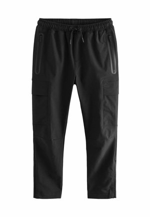 Pantaloni cargo negri dintr-un material durabil, cu talie elastică, șnur de ajustare și buzunare laterale cu fermoar.