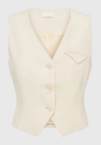 Gilet sans manches beige avec un décolleté en V, cinq boutons et une petite poche sur le côté gauche. Tissu texturé et coupe ajustée.