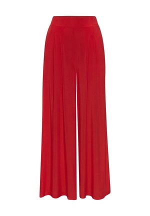 Rote weite Hosen mit glatter Textur, ausgestattet mit Bügelfalten vorne und einem elastischen Bund für zusätzlichen Komfort. Keine sichtbaren Taschen.
