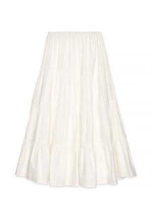 White tiered maxi skirt made of textured fabric, featuring an elastic waistband and a flowing silhouette with multiple ruffles.