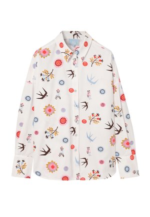 Cămașă albă cu nasturi, decorată cu modele colorate de flori și păsări, cu guler clasic și mâneci lungi. Confecționată dintr-un material moale.