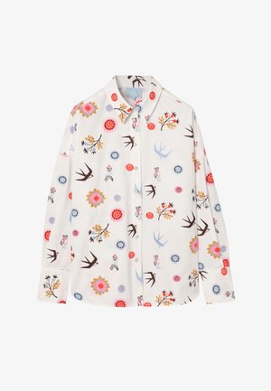 Valkoinen nappipaita, jossa on värikkäitä kukka- ja lintukuvioita, klassisella kaulukseen ja pitkät hihat. Valmistettu pehmeästä kankaasta.